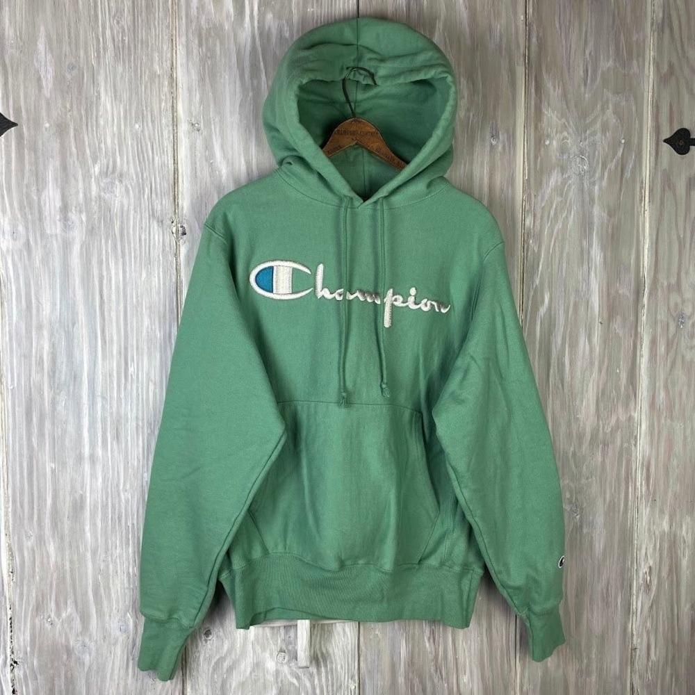 VTG Champion Reverse Weave Hoodie Embroidered Script Logo‎ Pullover S Mint Green